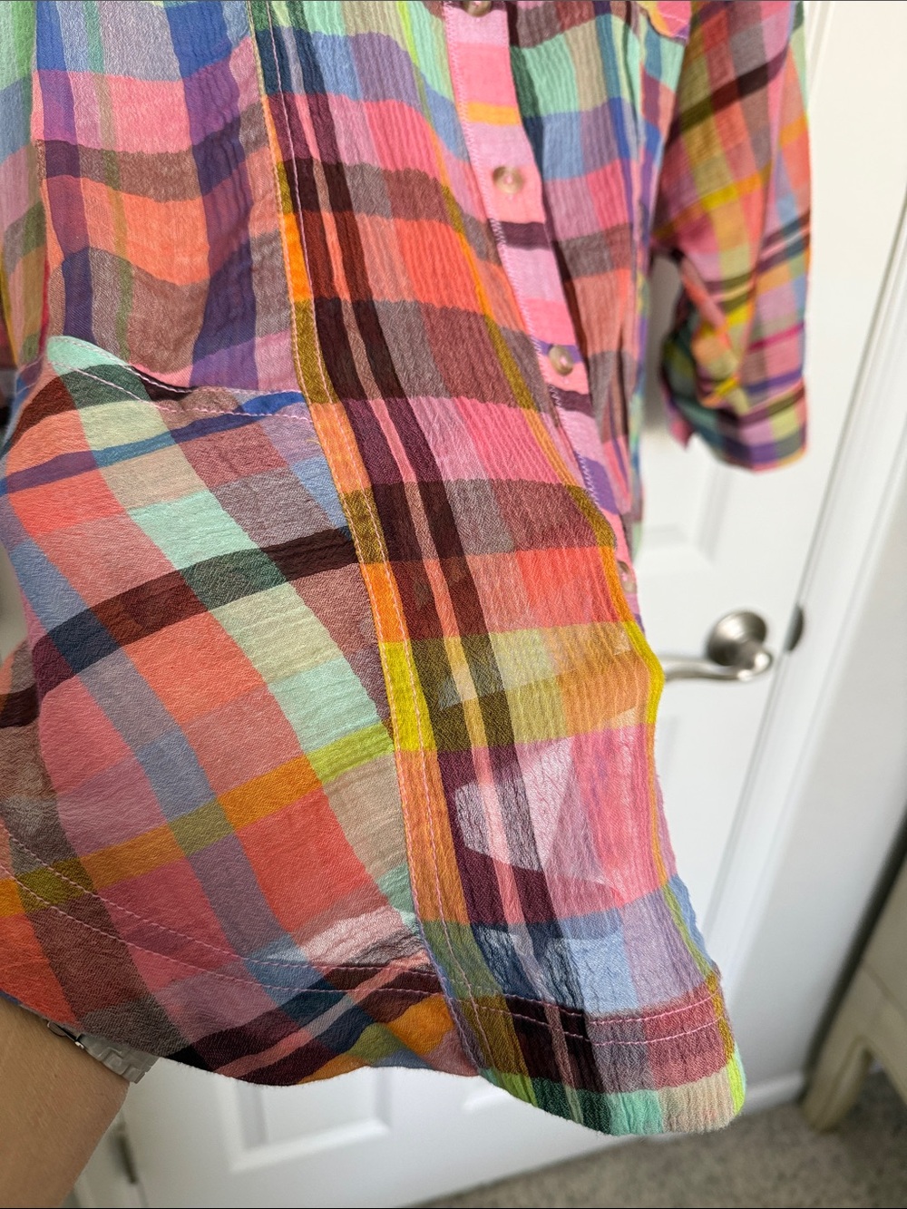 Pilcro Multicolor Plaid Button-Down Shirt - Pink, Blue, Green, Yellow - Picture 6 of 10